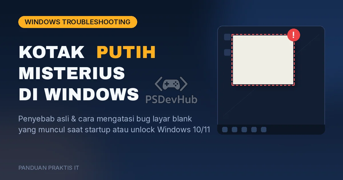 Ilustrasi kotak/jendela putih misterius muncul di desktop Windows dengan tanda peringatan, judul Kotak Putih Misterius di Windows